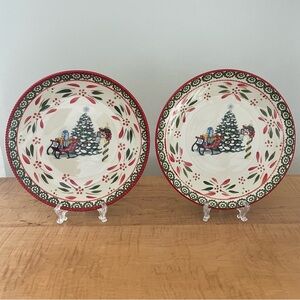2 Temp-tations Tara Holiday Christmas Dinner Plates 10.5” Sleigh Tree Red Green
